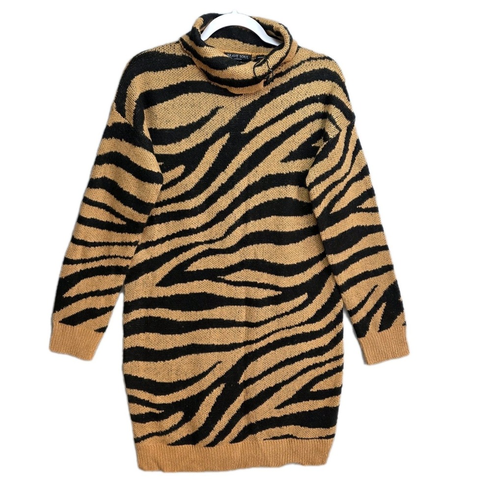 Brave Soul London Knit Sweater Dress Sz M Aminal Print Brown Black Chic Mobwife